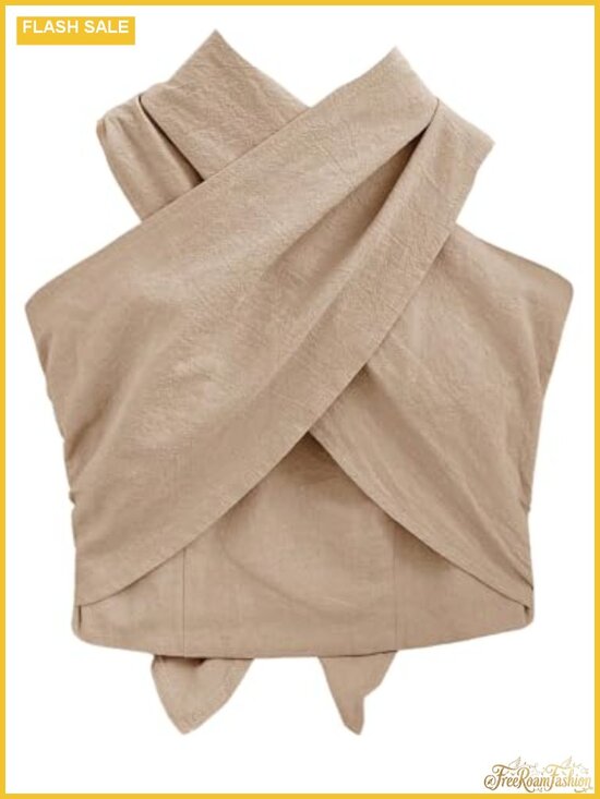 Tops - Criss Cross Halter Crop Top Wrap Front Smocked Tie Sleeveless Summer